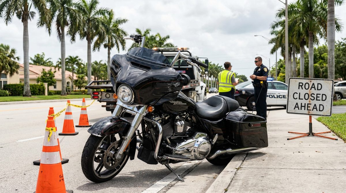 Motorcycle accident scene on a Florida road