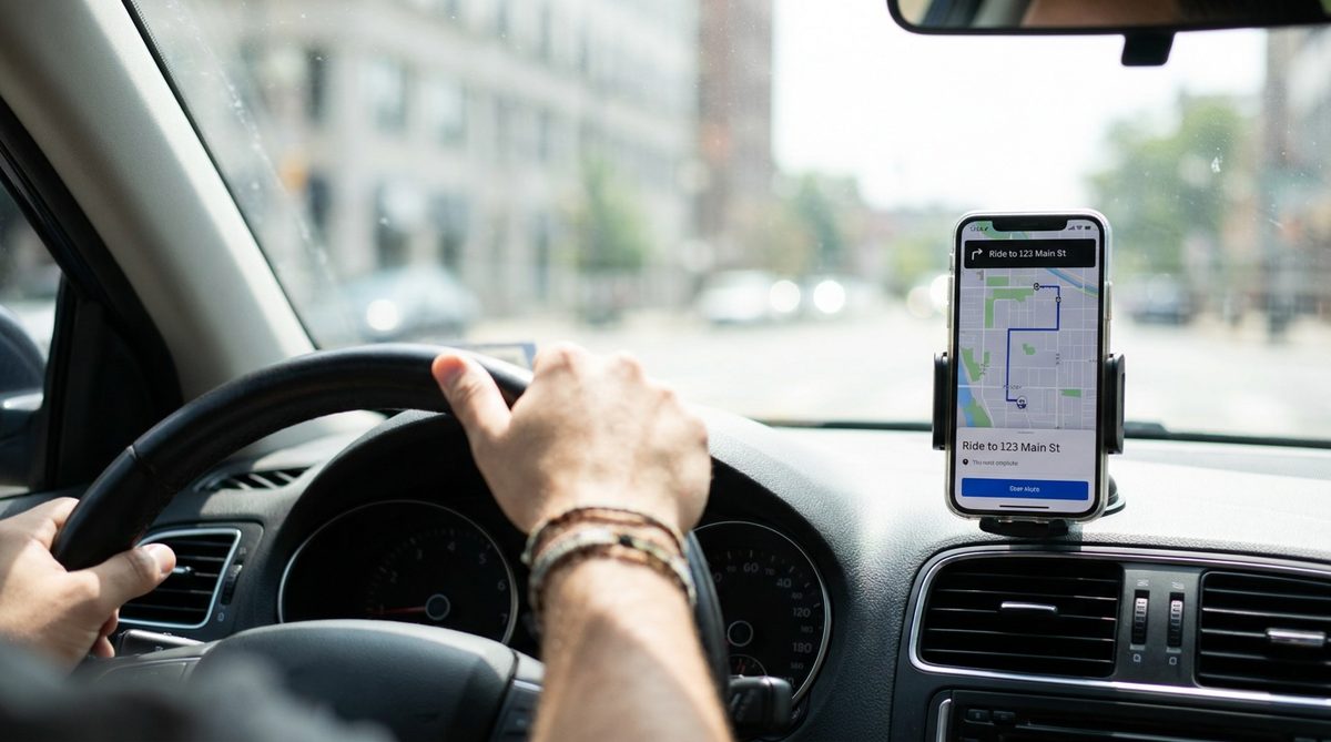 Rideshare navigation app on a smartphone mounted on a car dashboard